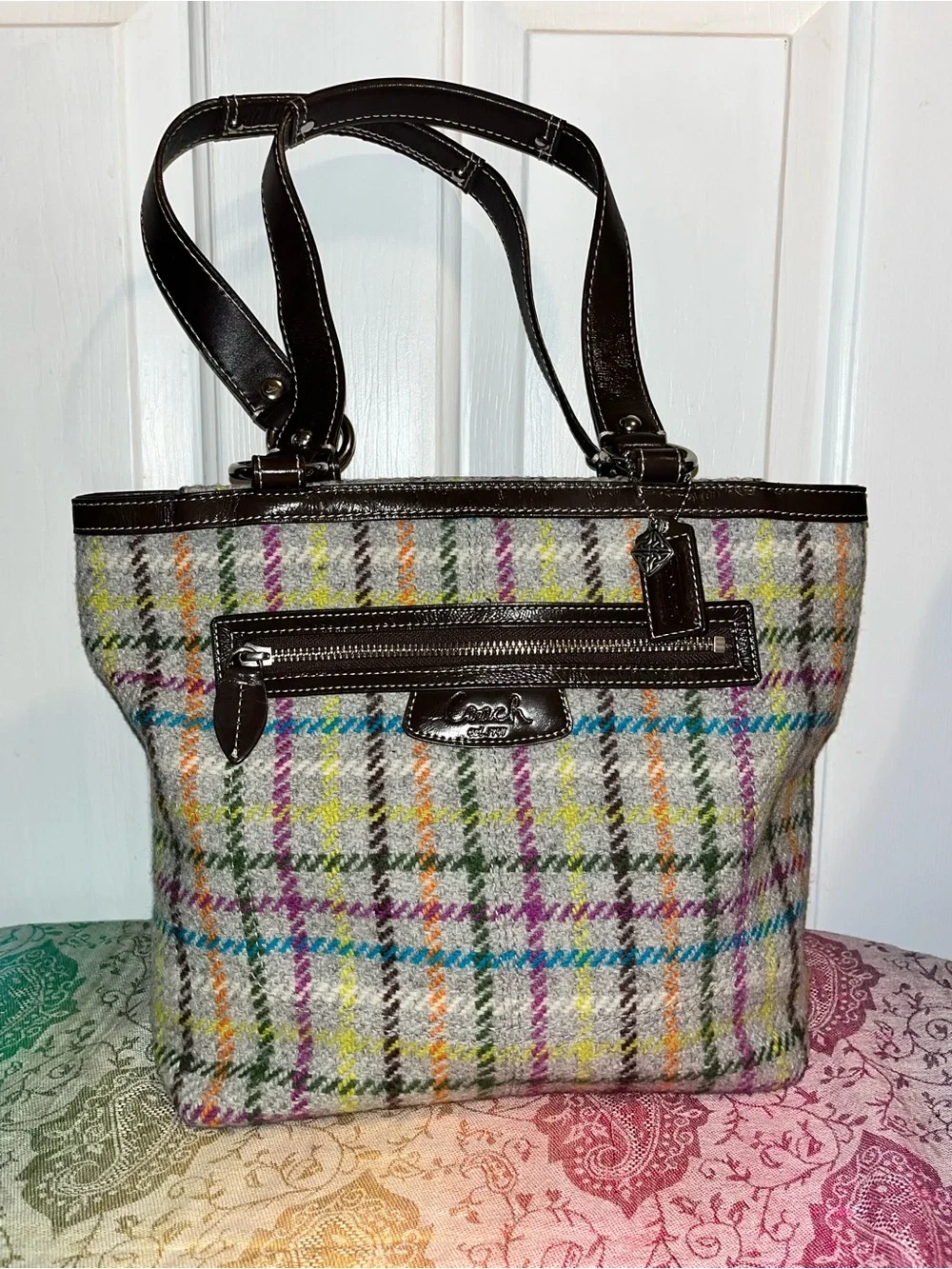 Coach Tattersal Plaid Tote with Brown Leather Trim